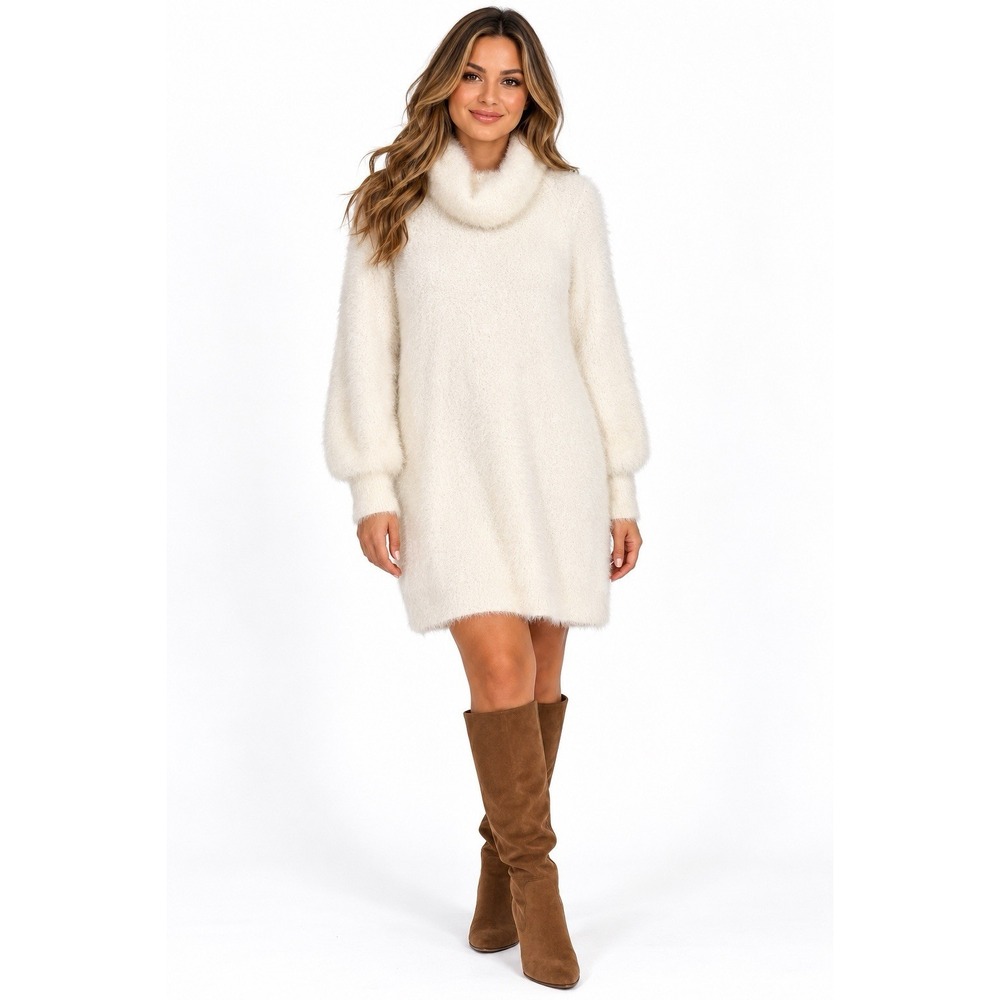 Express Women's M Ivory Fuzzy Sweater Dress Cowl Neck Long Sleeve Cozy